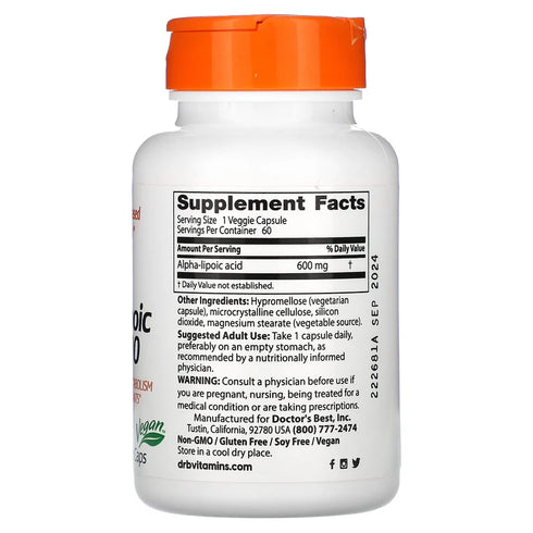 Image of Alpha-Lipoic Acid 600mg 60caps supplement facts